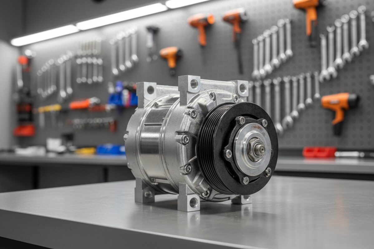 Compresor de aire acondicionado automotriz en taller de Cali