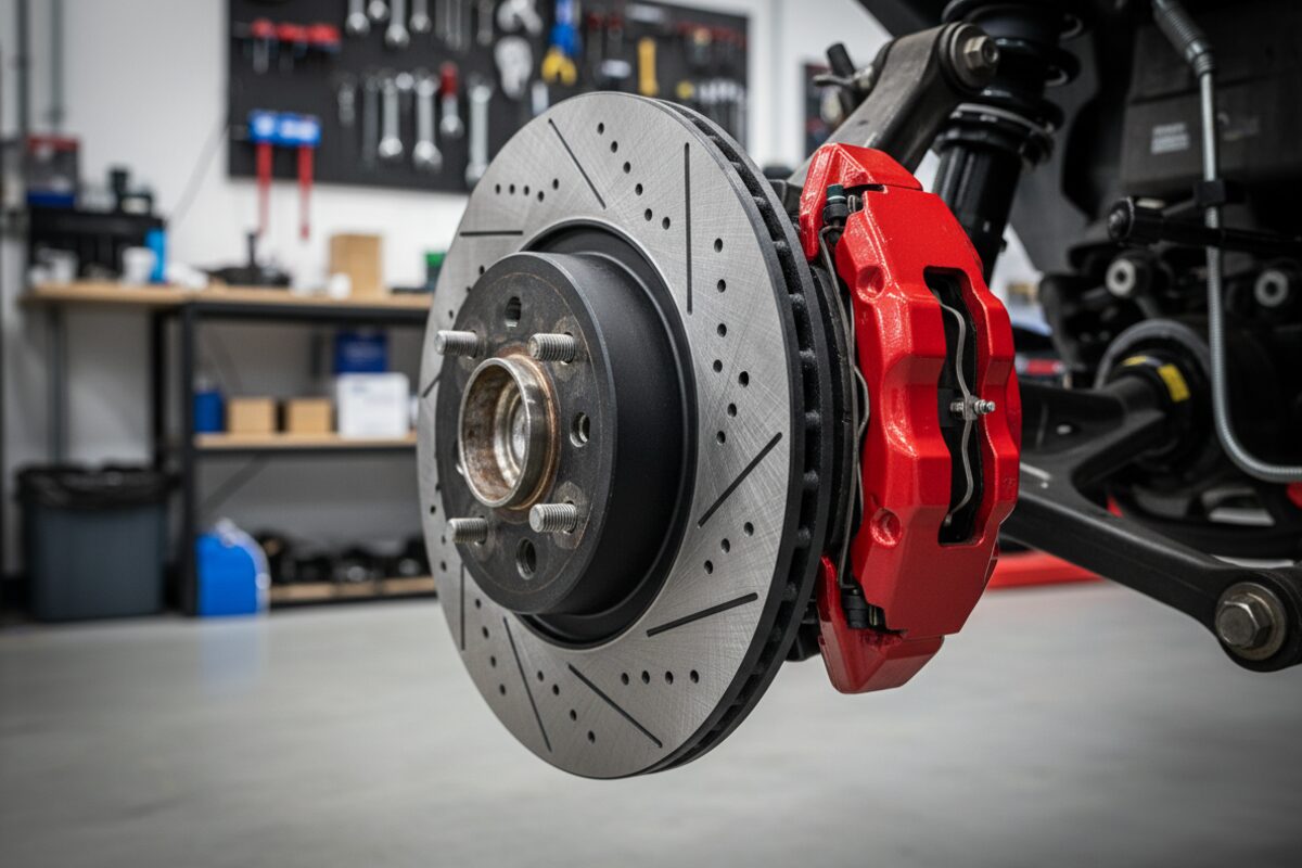Disco de freno ventilado con caliper rojo en taller automotriz de Cali