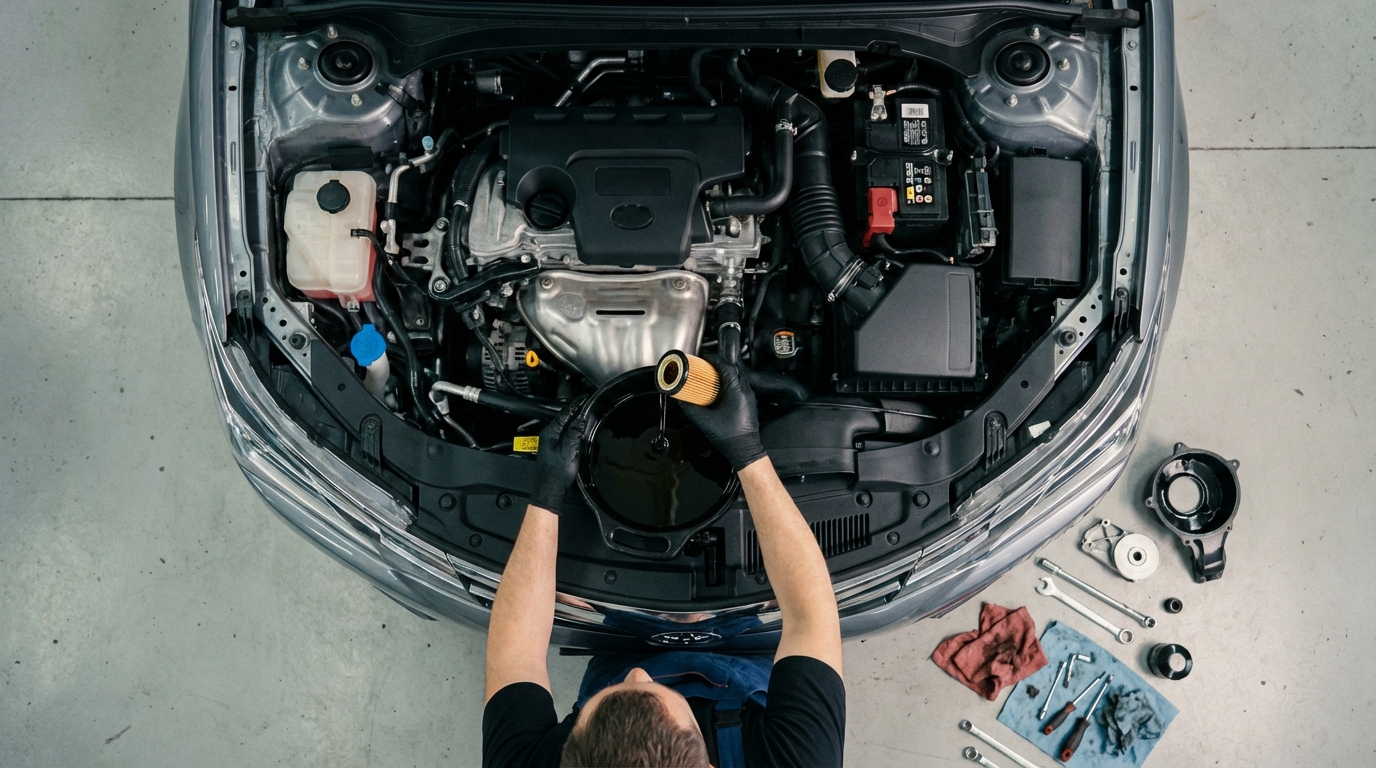 Manos de mecánico realizando mantenimiento preventivo a un vehículo en taller automotriz