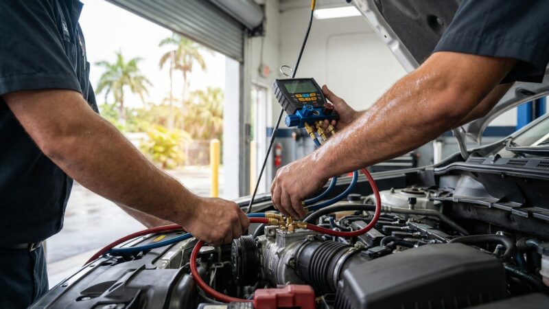 Mecánico diagnosticando aire acondicionado de carro con manómetros
