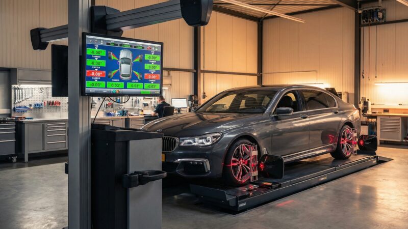 Carro en máquina de alineación computarizada con sensores láser