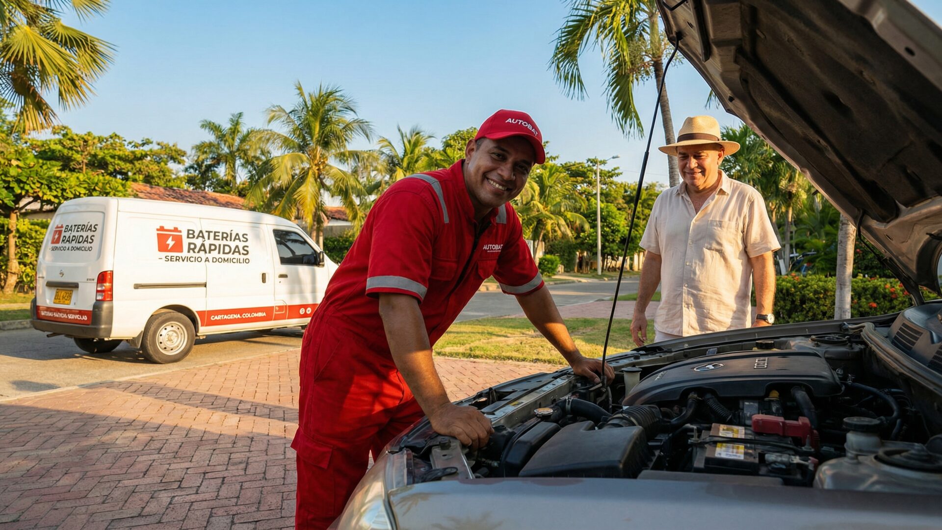 Técnico instalando batería de carro a domicilio en Cali
