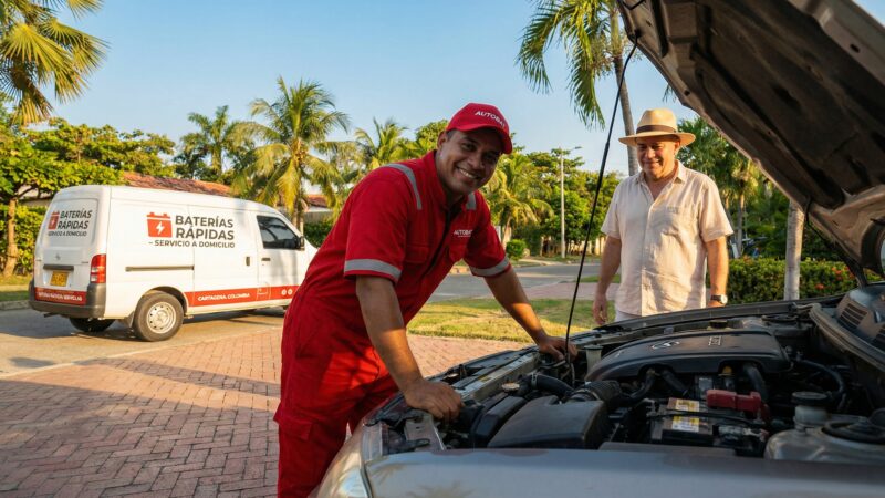 Técnico instalando batería de carro a domicilio en Cali
