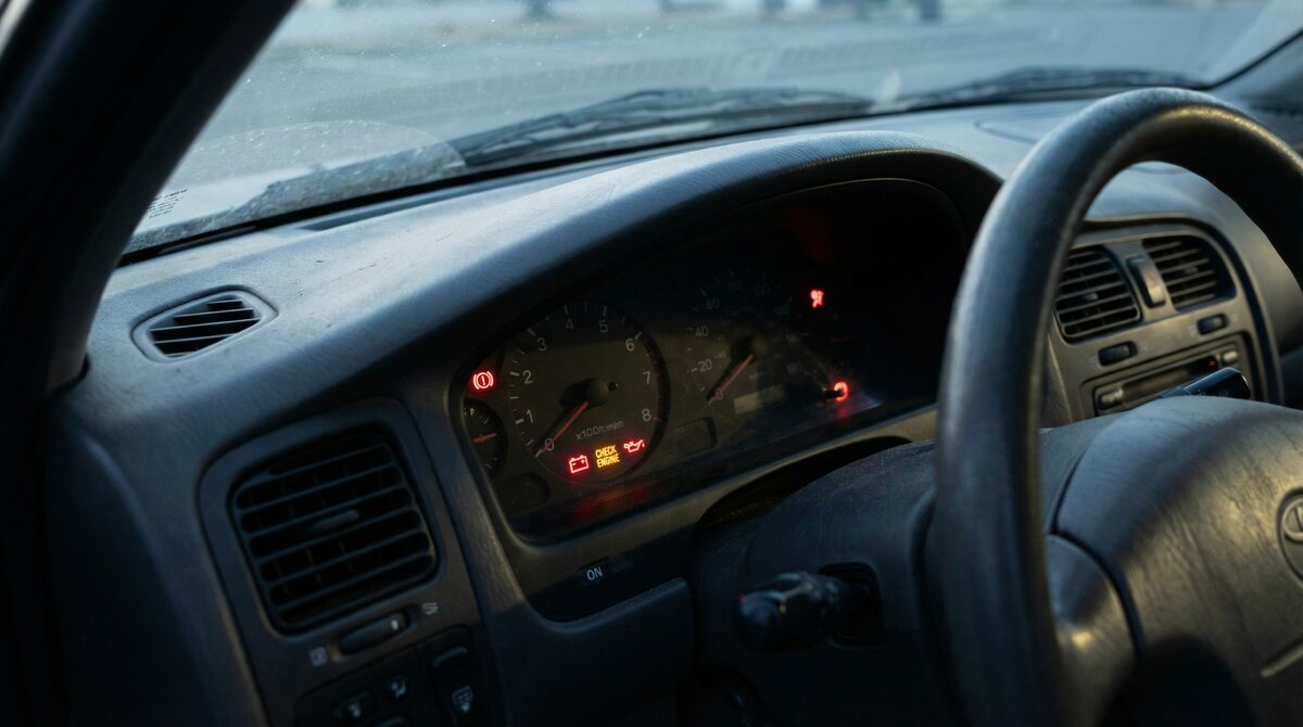 Tablero de carro con luces de batería y check engine encendidas, carro que no enciende