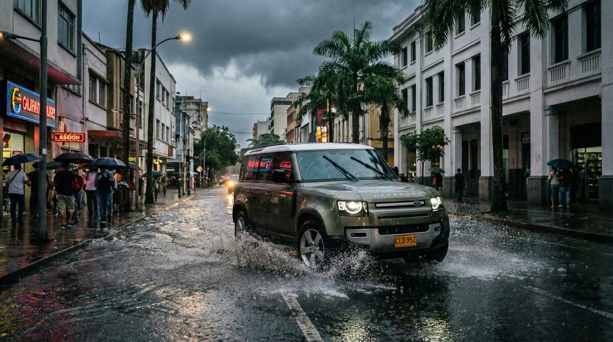 Carro conduciendo bajo lluvia en una calle de Cali Colombia