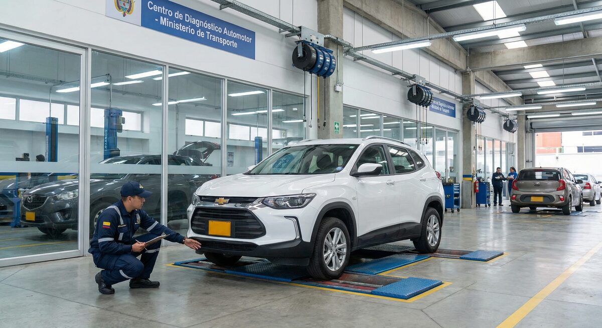 Carro en centro de diagnóstico automotor para revisión técnico-mecánica en Colombia