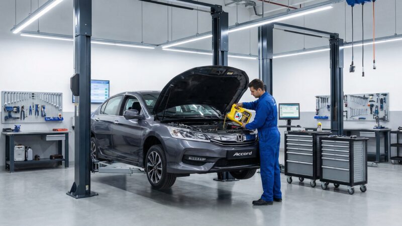 Mecánico realizando cambio de aceite en taller automotriz